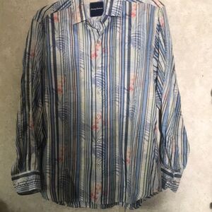 Tommy Bahama Blue and Pink Striped Casual Button Down Shirt